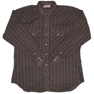 Ruddock Men's XL Brown Blue Plaid‎ Western Pearl Snap Shirt Long Sleeve USA Made
